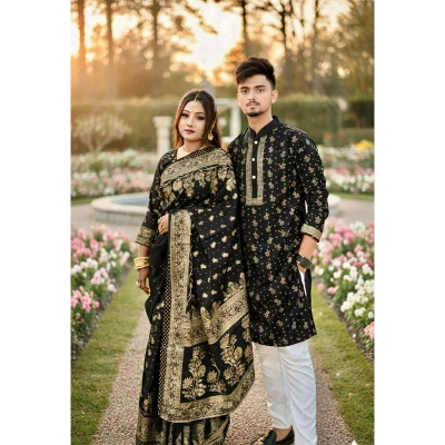 Picture of Exclusive Designer Dhupiyan Saree and Dhupiyan Panjabi For Combo Couple Dress - Black