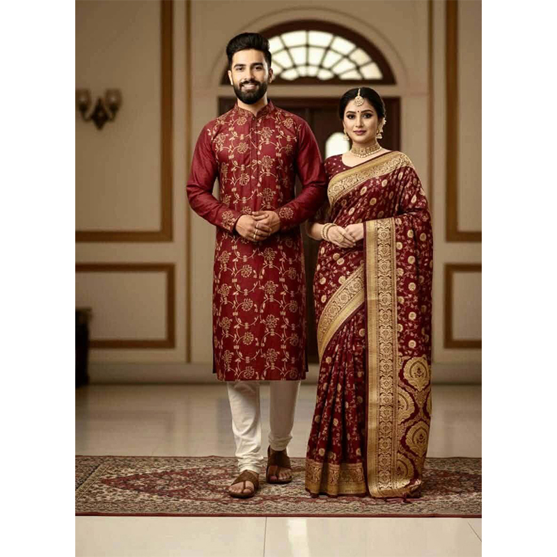 Picture of Exclusive Designer Dhupiyan Saree and Dhupiyan Panjabi For Combo Couple Dress - Black