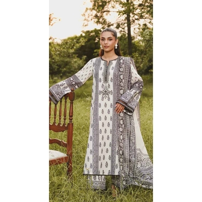 Picture of Readymade Exclusive Cotton Unstitched Skin Print High Quality Three Piece For Women - White