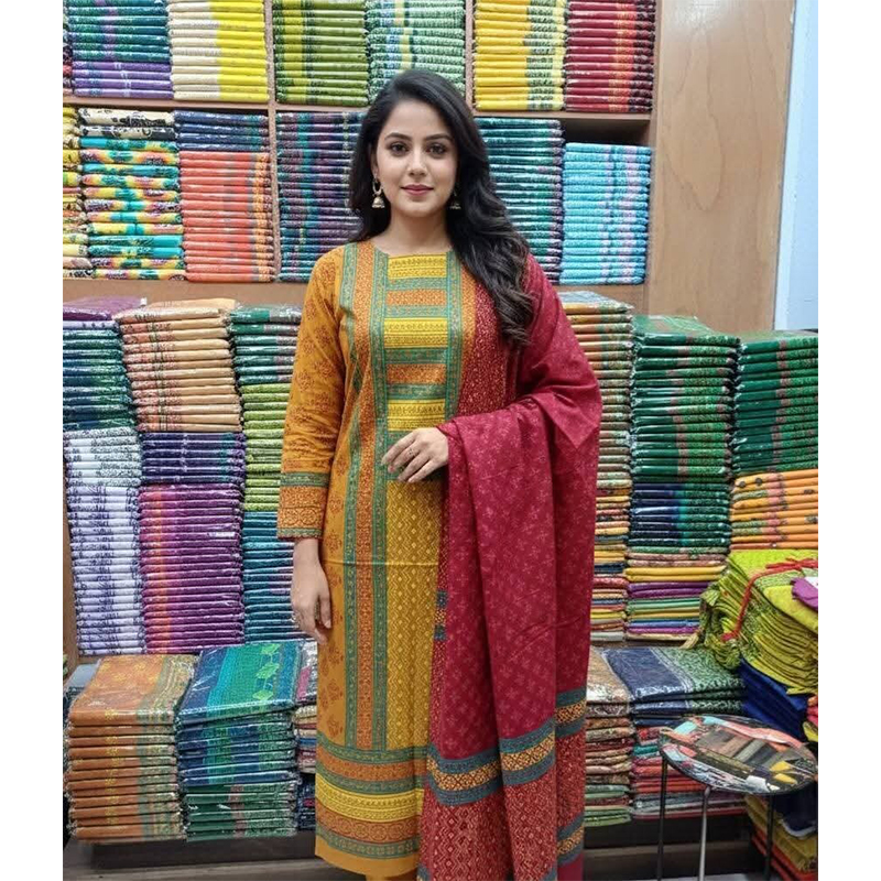 Picture of Exclusive Cotton Unstitched Block Print High Quality Three Piece dress For Women