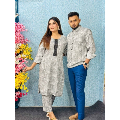 Picture of eadymade Muslin Cotton Fabrics Couple Set, Matching Dress, Traditional Dress, Kamiz, Sallower and Shirt- Digital Print For Women/Man