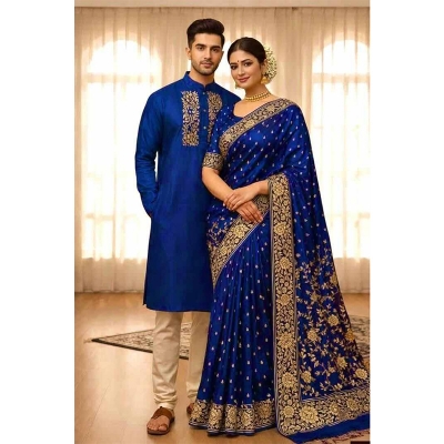 Picture of Exclusive Designer Dhupiyan Saree and Dhupiyan Panjabi For Combo Couple Dress - Black