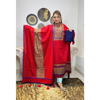 Picture of Ferdous Lawn Soft Cotton Three Piece For Women Salwar Kameez - 3 Pice Dress - Red (Un-stitched)