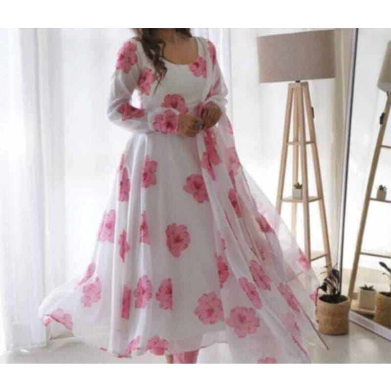 Picture of Georgette Fabric print gown dress for women - White