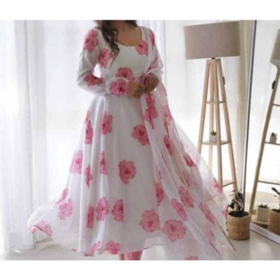 Picture of Georgette Fabric print gown dress for women - White