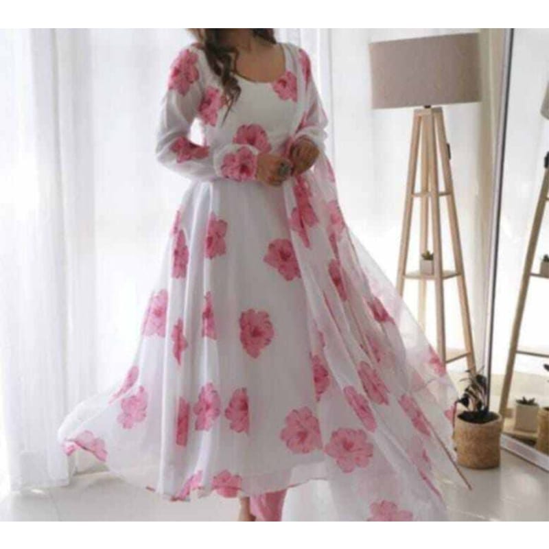 Picture of Georgette Fabric print gown dress for women - White