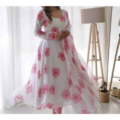 Picture of Georgette Fabric print gown dress for women - White