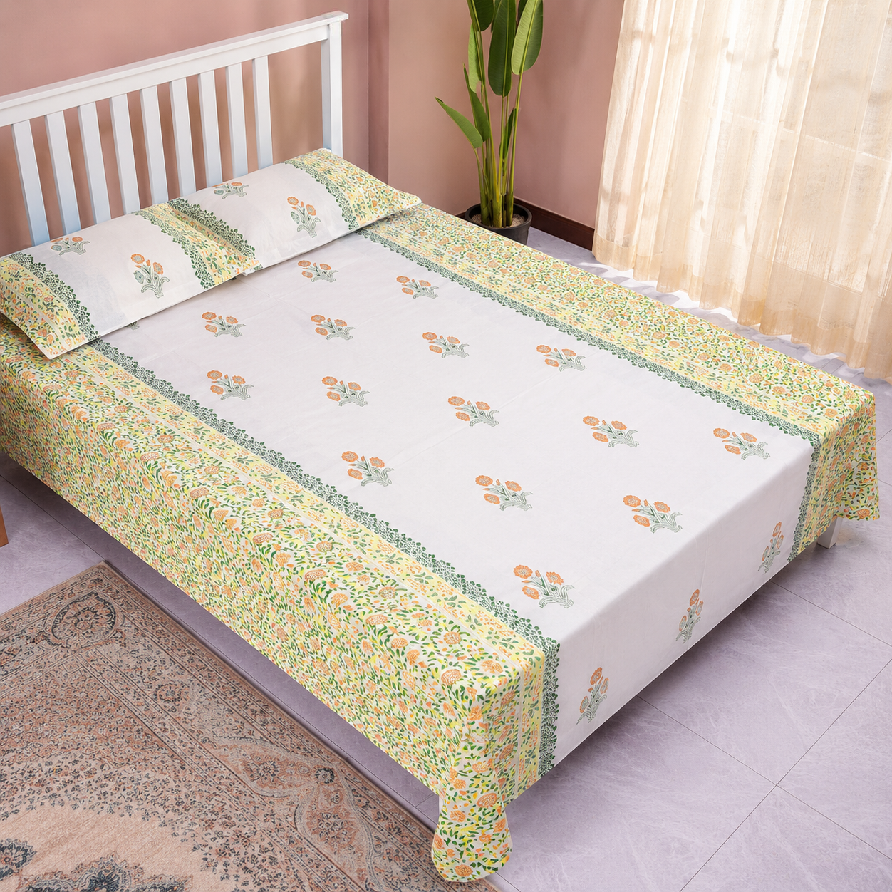 Picture of REGAL BED SHEET-321 (BLOCK-ORANGE FLOWER)