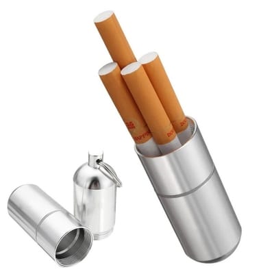 Picture of Metal Cigarette Holder with Keyring (10.5x2.5cm) Aluminum Alloy Multipurpose Medicine Storage Case Silver