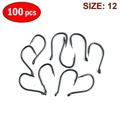 Picture of 100 pcs x Ring Head Size 12 Fishing Hook Iseama High Carbon Steel Sharp Barbed Fishing Hooks Black