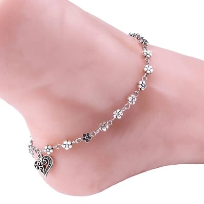 Picture of Plum Flower Bead Anklet Vintage Metal Foot Ankle Bracelet Payel For Women 1pc  Silver