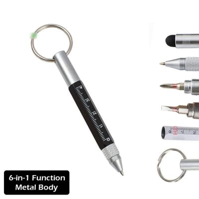 Picture of Metal 6-In-1 Multifunction Stylus Pen Mini Capacitive Touch Pen With Screwdriver Pen Ruler Keyring (Black) 