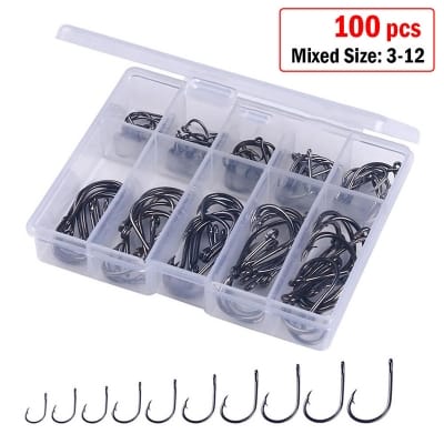 Picture of 100 pcs x Size 3-12 Ring Head Fishing Hook Iseama High Carbon Steel Strong Sharp Barbed Fish Hooks (Upgrade Pack) Black