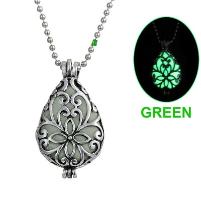 Picture of (Green) Luminous Hollow Water Drop Necklace Glow in the Dark Fluorescent Pendant Locket with Chain Green