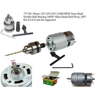 Picture of 775 Dc Motor 12V-18V-24V 21000 RPM 5mm Shaft Double Ball Bearing 360W+Mini Hand Drill Press DIY Kit 0.6-6.0 mm bit supported 