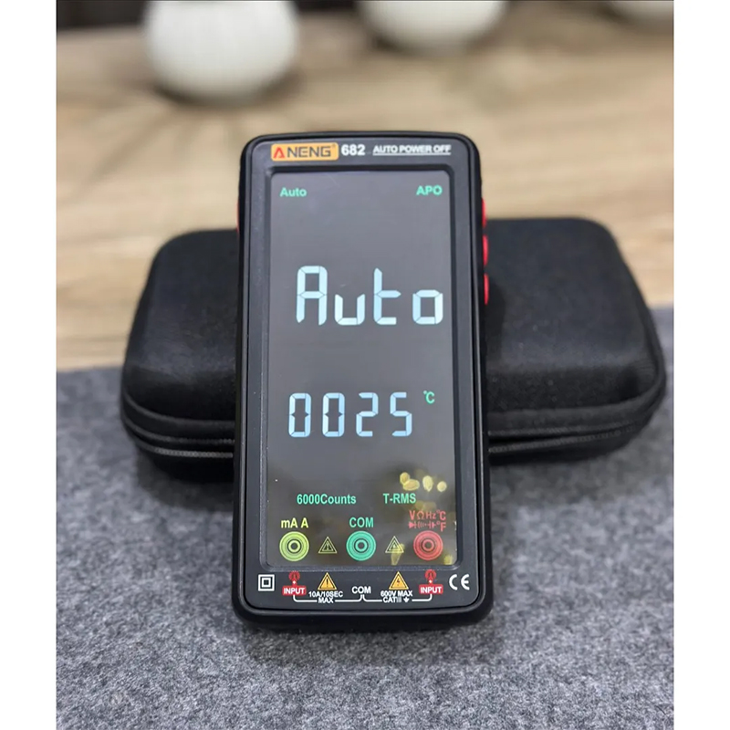 Picture of Aneng 682 Rechargeable Digital Multimeter is a smart 6000-count device designed for professionals and students. It measures AC/DC voltage, current, resistance, capacitance, frequency, temperature, and diode testing with high precision Black