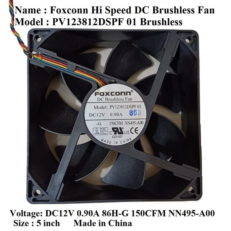 Picture of DC Brushless Hi Speed Cooling Fan FOXCONN PV123812DSPF 01 12V 0.90A 5’*5’ inch 15000 RPM Air Compatible devices Server 4-wire interface-2 Black