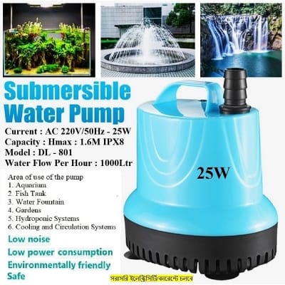 Picture of Submersible Water Pump AC : 220V-240V/50Hz-25W Hmax : 2.0M QMax 1500L/H IPX8 L-225 Pump for Aquarium, Fish Tank, Water Fountain, Gardens, Hydroponic Systems, Cooling and Circulation Systems Etc-With Nozzle Blue