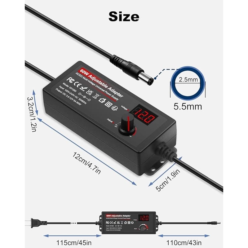 Picture of Adjustable AC to DC Power Adapter Multi Function DC 3V-24V 5A With Display Screen Voltage Regulated switching power supply Black