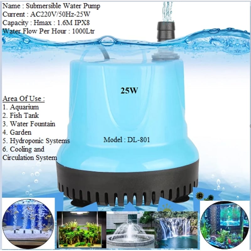 Picture of Submersible Water Pump AC : 220V-240V/50Hz-25W Hmax : 2.0M QMax 1500L/H IPX8 L-225 Pump for Aquarium, Fish Tank, Water Fountain, Gardens, Hydroponic Systems, Cooling and Circulation Systems Etc-With Nozzle Blue