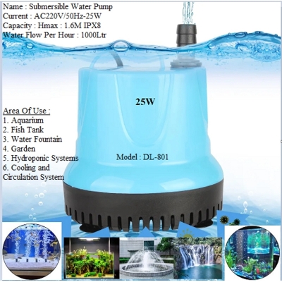 Picture of Submersible Water Pump AC : 220V-240V/50Hz-25W Hmax : 2.0M QMax 1500L/H IPX8 L-225 Pump for Aquarium, Fish Tank, Water Fountain, Gardens, Hydroponic Systems, Cooling and Circulation Systems Etc-With Nozzle Blue