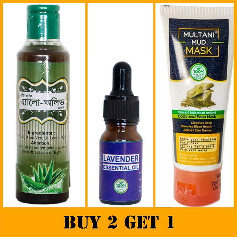 Picture of Buy 2 Get 1( Aloe-Olive Oil 100ml, Lavender Essential Oil 10ml & Multani Mud Mask 80gm)