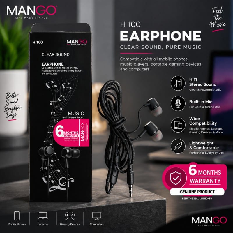 Picture of Wired Earphone with Built-in Microphone | HiFi Stereo Clear Sound Earbuds for Music, Gaming & Calls | Black | 6 Months Warranty | MANGO H100 - Black