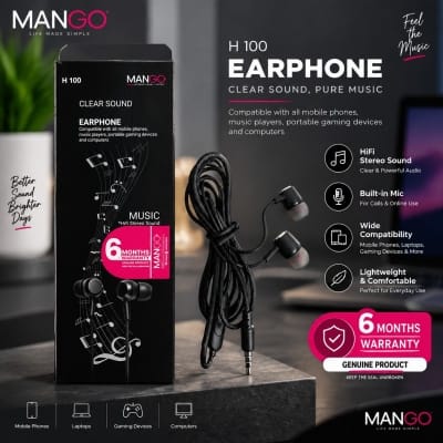 Picture of Wired Earphone with Built-in Microphone | HiFi Stereo Clear Sound Earbuds for Music, Gaming & Calls | Black | 6 Months Warranty | MANGO H100 - Black