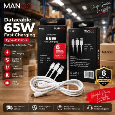 Picture of 65W Fast Charging Type-C Data Cable with Durable Design & 6 Months Warranty - MANGO D100 - White