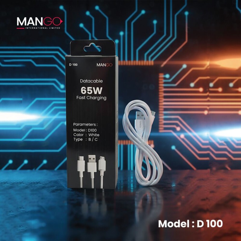 Picture of 65W Fast Charging Type-B Data Cable with Durable Design & 6 Months Warranty - MANGO D100 - White