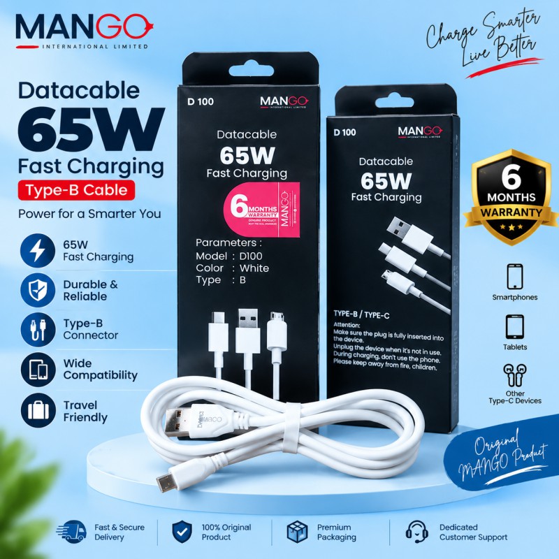 Picture of 65W Fast Charging Type-B Data Cable with Durable Design & 6 Months Warranty - MANGO D100 - White
