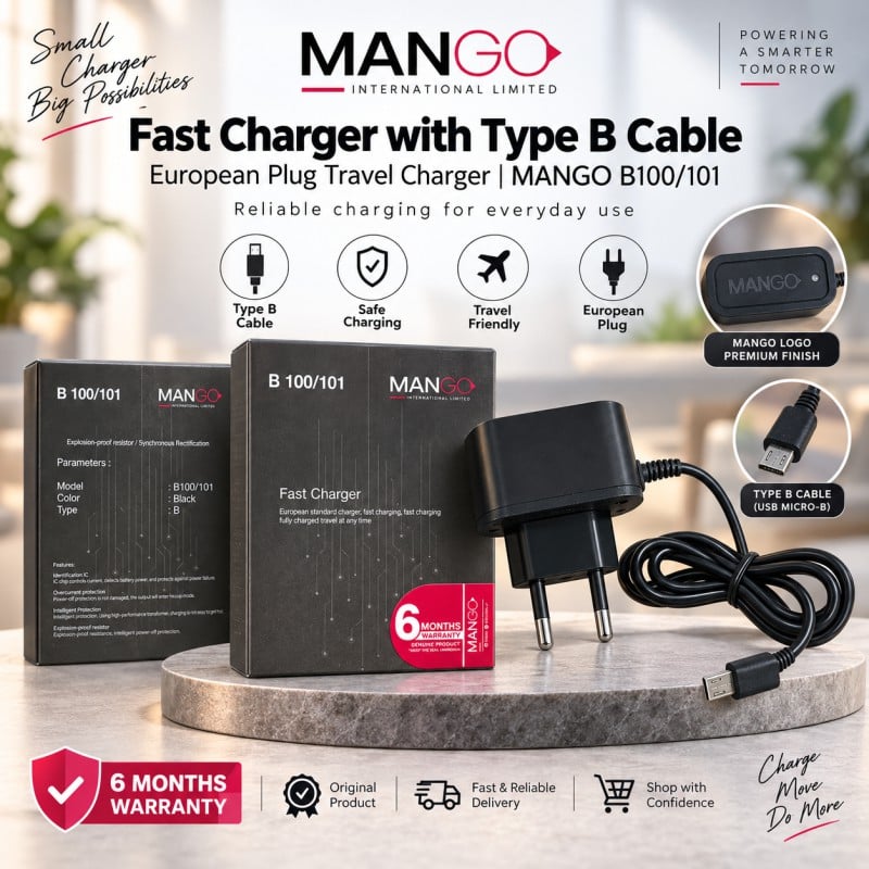 Picture of 2W Mobile Charger with Type B Cable | USB Travel Adapter for Android Phone with 6 Months Warranty | MANGO B100 - Black