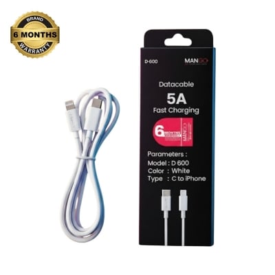 Picture of 5A Fast Charging Type-C to Lightning Data Cable 1 Meter for iPhone & iPad with High Speed Data Transfer | 6 Months Warranty | MANGO D600 - White
