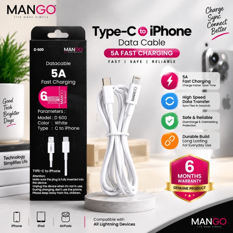 Picture of 5A Fast Charging Type-C to Lightning Data Cable 1 Meter for iPhone & iPad with High Speed Data Transfer | 6 Months Warranty | MANGO D600 - White