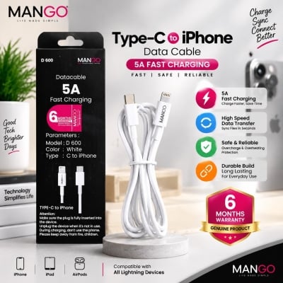 Picture of 5A Fast Charging Type-C to Lightning Data Cable 1 Meter for iPhone & iPad with High Speed Data Transfer | 6 Months Warranty | MANGO D600 - White