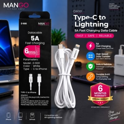 Picture of 5A Fast Charging Type-C to Lightning Data Cable 1 Meter for iPhone & iPad with High Speed Data Transfer | 6 Months Warranty | MANGO D600 - White