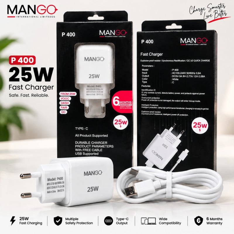 Picture of 25W Fast Charging Adapter with Type-C Cable, QC 3.0 Support & 6 Months Warranty - MANGO P400 - White