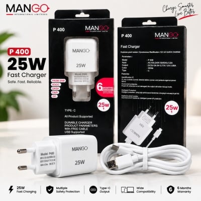Picture of 25W Fast Charging Adapter with Type-C Cable, QC 3.0 Support & 6 Months Warranty - MANGO P400 - White