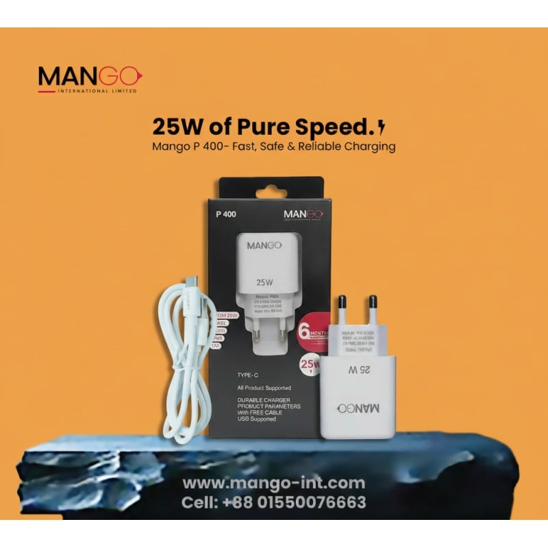 Picture of 25W Fast Charging Adapter with Type-C Cable, QC 3.0 Support & 6 Months Warranty - MANGO P400 - White