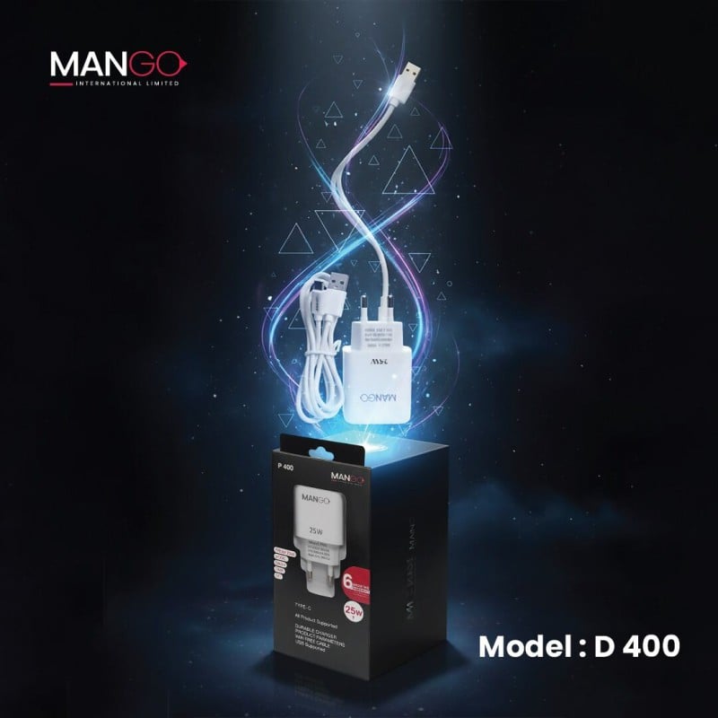Picture of 25W Fast Charging Adapter with Type-C Cable, QC 3.0 Support & 6 Months Warranty - MANGO P400 - White