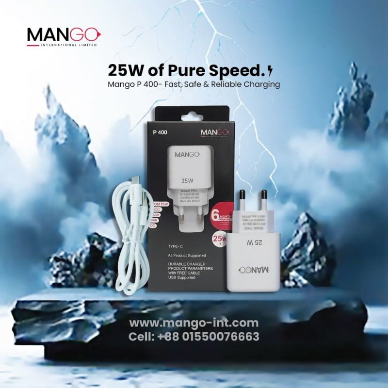 Picture of 25W Fast Charging Adapter with Type-C Cable, QC 3.0 Support & 6 Months Warranty - MANGO P400 - White