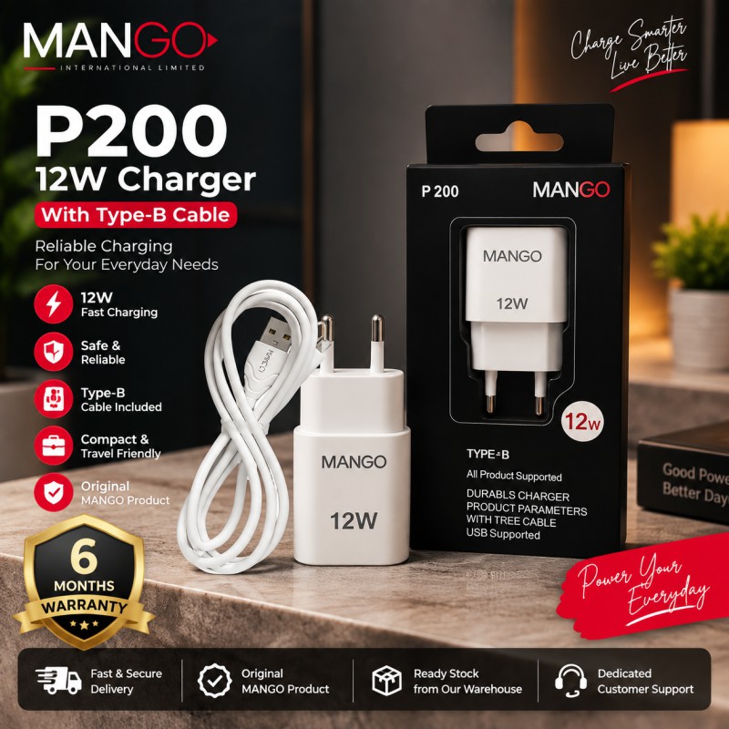 Picture of 12W Mobile Charger with Type-B Cable | Safe Fast Charging Adapter with 6 Months Warranty | MANGO P200 - White