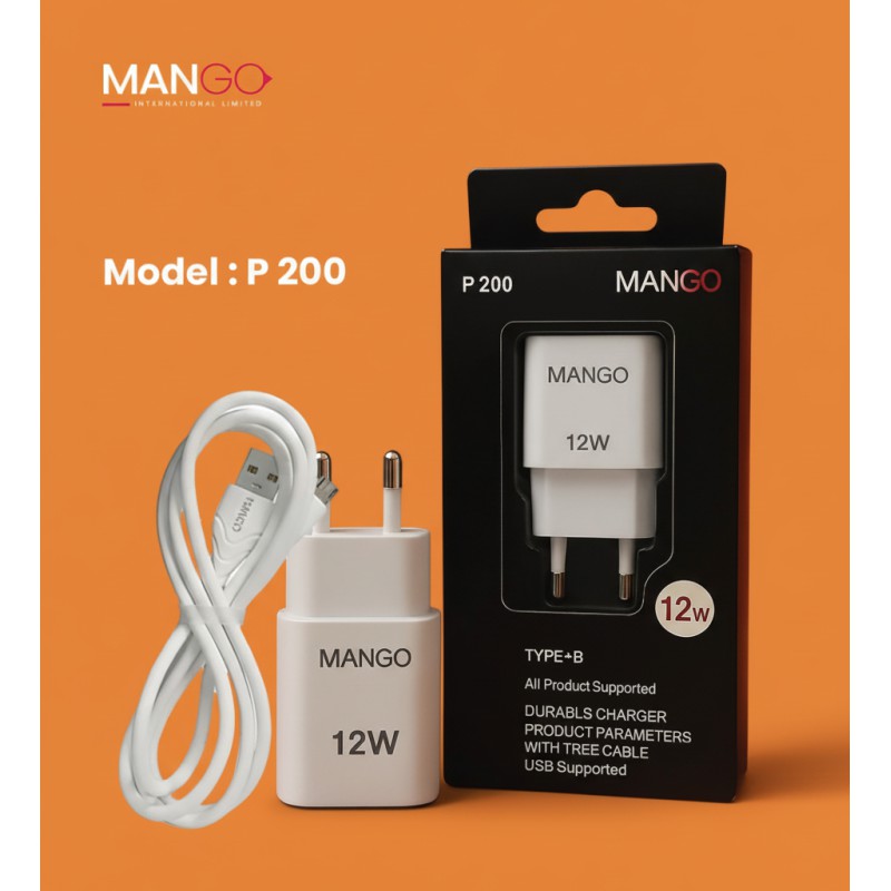 Picture of 12W Mobile Charger with Type-B Cable | Safe Fast Charging Adapter with 6 Months Warranty | MANGO P200 - White
