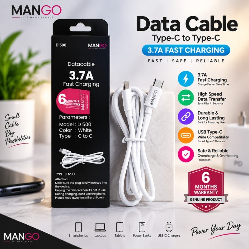 Picture of 3.7A Fast Charging Type-C to Type-C Data Cable 1M with High Speed Data Transfer & 6 Months Warranty | MANGO D500 - White