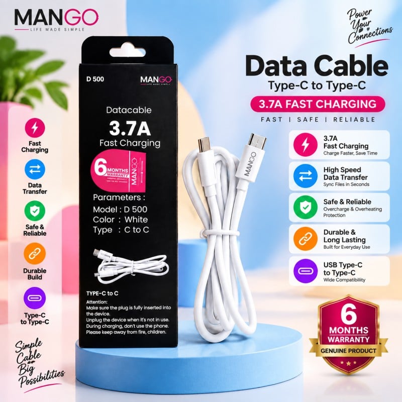 Picture of 3.7A Fast Charging Type-C to Type-C Data Cable 1M with High Speed Data Transfer & 6 Months Warranty | MANGO D500 - White