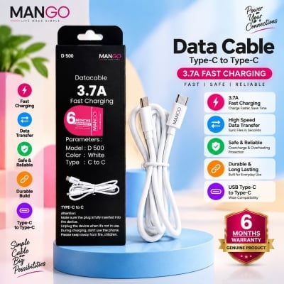 Picture of 3.7A Fast Charging Type-C to Type-C Data Cable 1M with High Speed Data Transfer & 6 Months Warranty | MANGO D500 - White