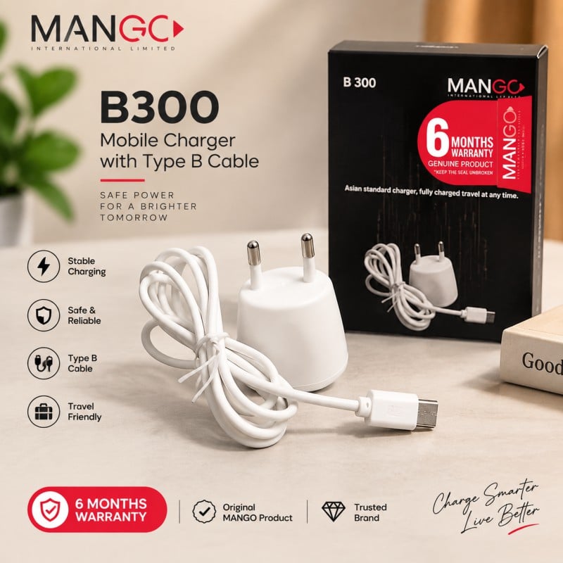 Picture of 2W Mobile Charger with Type B Cable | USB Charging Adapter with 6 Months Warranty - MANGO B300 - White