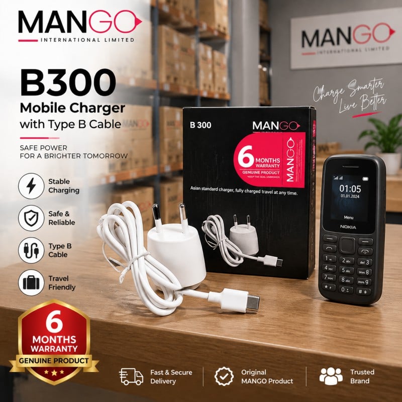 Picture of 2W Mobile Charger with Type B Cable | USB Charging Adapter with 6 Months Warranty - MANGO B300 - White