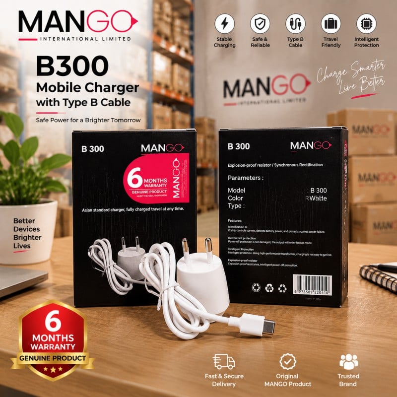 Picture of 2W Mobile Charger with Type B Cable | USB Charging Adapter with 6 Months Warranty - MANGO B300 - White