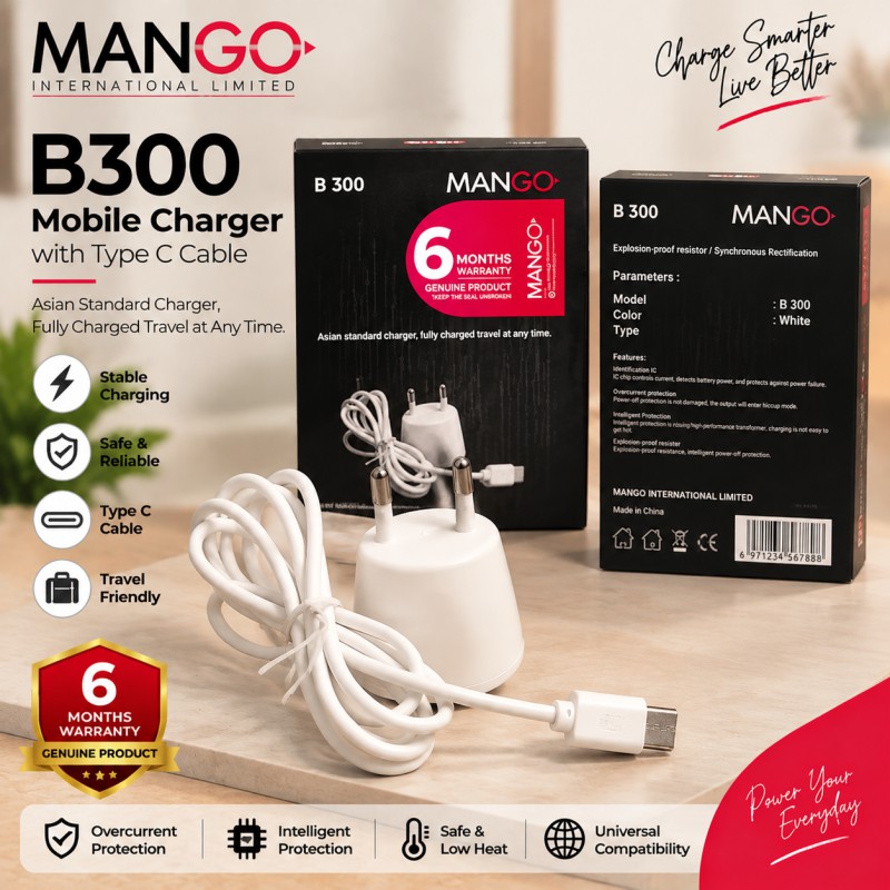 Picture of 2W Mobile Charger with Type C Cable | USB Charging Adapter with 6 Months Warranty - MANGO B300 - White